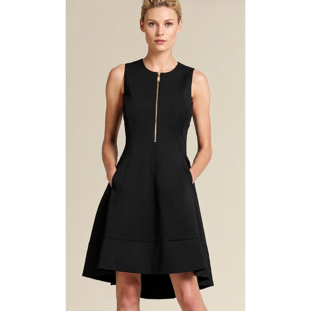 Donna Karan New York Sleeveless Zip Front Midi Dress Black Pockets NWT Size Med